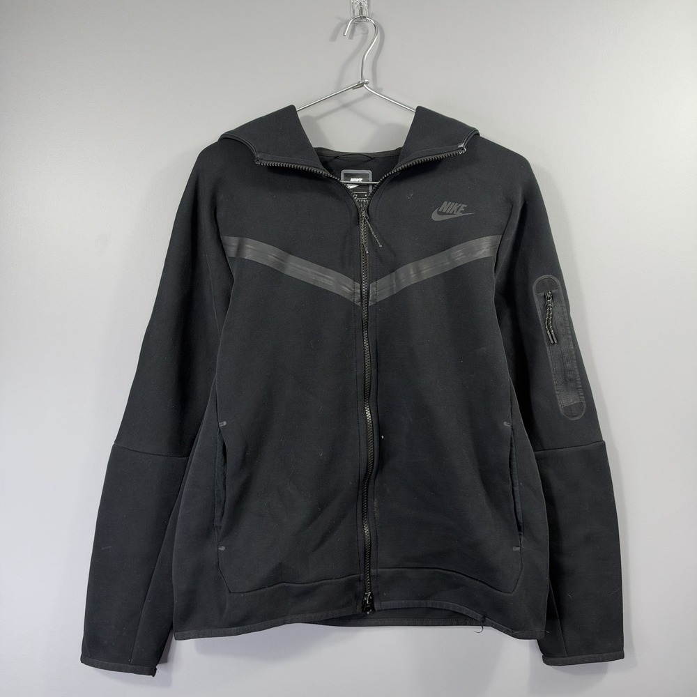 Nike Tech Fleece Hoodie Mens Medium Black Full Zip Swoosh Logo Sweatshirt